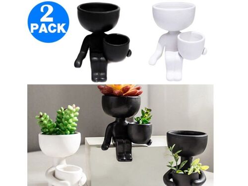 Lot de 2 pots de fleurs en céramique en forme de personnage, noir et blanc, pour plantes d'intérieur