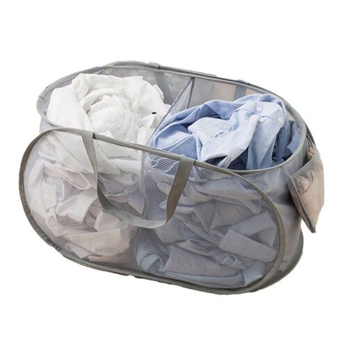 Panier à linge pliable en maille à 2 compartiments, gris