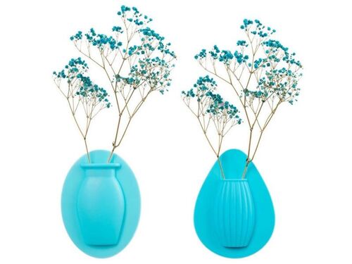 Lot de 2 vases muraux bleus en silicone pour fleurs, autocollants, réutilisables, petite taille