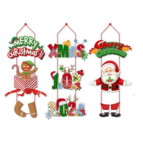 3 pancartes de Noël à suspendre pour décorer une fête du Nouvel An : pain d'épices, Père Noël et messages de vacances