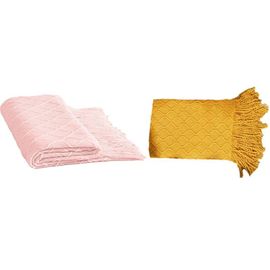 Plaid D'hiver Tricoté Rose Et Jaune 127 X 172 Cm Avec Pompons Pour Canapé Et Lit