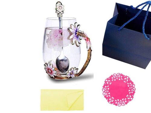 Tasse À Thé En Émail 350 Ml Avec Cuillère Et Dessous De Verre, Tasse À Café En Verre, Motif Floral, Coffret Cadeau Inclus