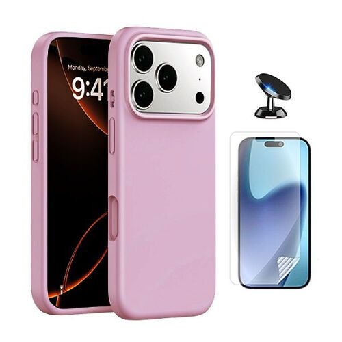 Kit De Film Hydrogel À Coque Complète Avant + Coque En Silicone Liquide + Support Magnétique PHONECARE Pour Apple iPhone 17 Pro - Rose