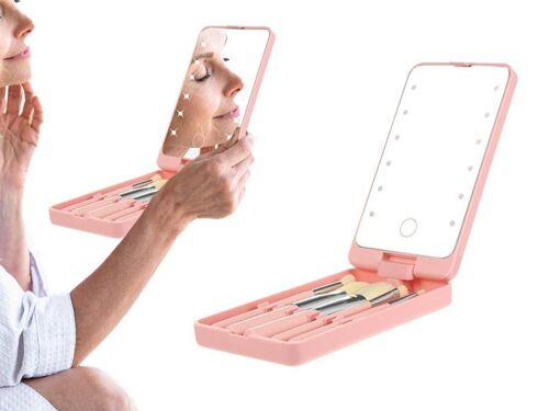 Miroir De Maquillage Led Avec Brosse Et Support - Rose