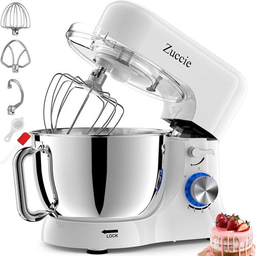 Robot Patissier, 5 L Robot Pâtissier, 1000W Robot Cuisine Avec Fouet, Batteur, Crochet, Bol D'Acier Inoxydable Et Pare-Éclaboussures, 8+P Vitesses Robot Pétrin Professionnel (Blanc)