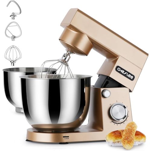 Robot Patissier ,1500 W Robot Pâtissier,Avec Bol En Acier Inoxydable De 4,5 Et 5,5 L,10+P Vitesse,Avec Crochet Mélangeur, Crochet Pétrisseur,Fouet Et Protection Anti-Eclaboussures (Dore¿