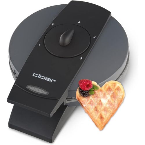 SUBZONAL-Cloer 1625 Gaufrier pour gaufres en forme de coeur, 930 W, taille de gaufre 15,5 cm, degré de brunissement infiniment variable, métal, gris