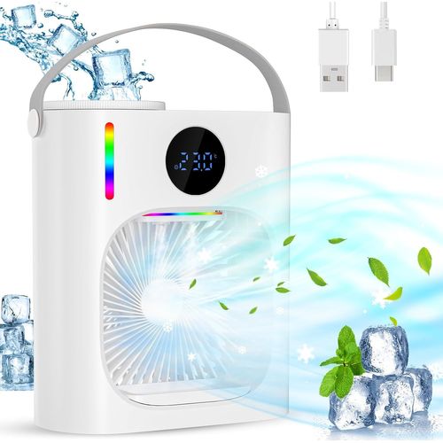 Climatiseur Mobile, Climatiseur Portable Silencieux 900ML, 4 en 1 Refroidisseur d'Air, USB Mini Air Climatiseur Ventilateur, 3 Vitesses, 2 Modes de Brumisation, Mini Climatiseur pour Chambre (A)