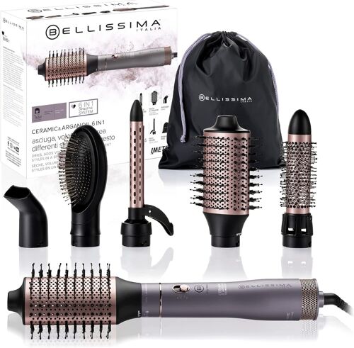 Bellissima Revêtement Ceramique et Huile d'Argan, 6 en 1, Brosse chauffante, 6 accessoires, Technologie Ion, Sèche et donne du volume, Fonction Air Blow, 1000W
