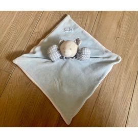 Doudou peluche ours jacadi bleu clair carreaux plat vintage 