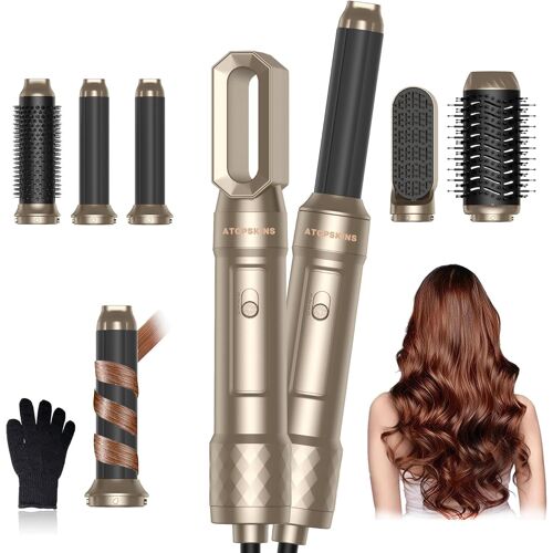 Airbrush 6 en 1 Seche Cheveux Air Styler Hair Styler,1000W Brosse Soufflante, 30mm Air Curl outil de Sèche Cheveux, Amovible pour le Lissage des Boucles Sèches 3 Vitesse du Vent Température, Doré