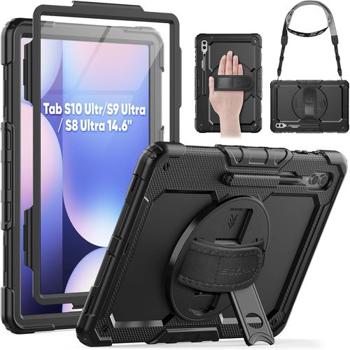 Coque Pour Galaxy Tab S10 Ultra / S9 Ultra 14,6"" 2024/2023, Coque Antichoc Avec Protecteur D'écran, Dragonne, Bandoulière, Support Et Porte-Stylo Pour Galaxy Tab S10 Ultra, Noir