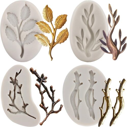 Branche D'arbre Moule En Silicone Branche De Brindille Feuilles Fondant Moules Pour Chocolat Bonbons Décoration De Gâteau Cupcake Topper Pâte De Gomme Ensemble De 4
