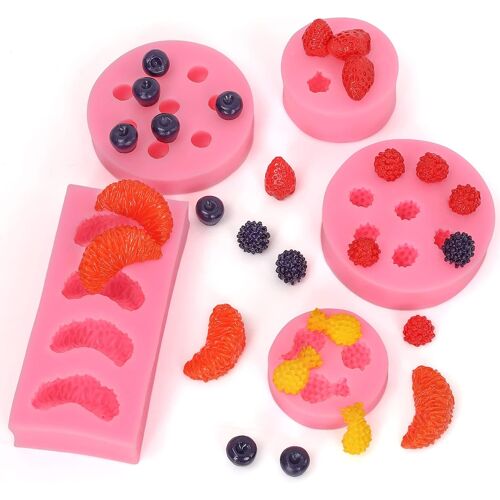 Moule Silicone Patisserie En Forme De Fruits (Lot De 5)-Moule Forme En Silicone 3d Ananas,Orange,Fraise,Myrtille & Mûre-Moule Friture Chocolat Paques,Bonbon,Gelée & Savon-Garnitures