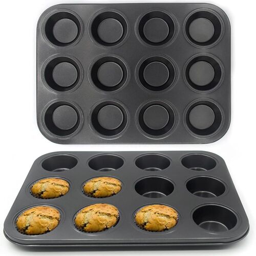 Jexnovashop-2 Pièces Moules Pâtisserie Acier Carbone, Plaques Muffin Antiadhésif, Assiette Cupcake Ronde Réutilisables, Moule Cake Factory Robuste, Plat Tartelette Mini 12 Trous Pour Brownies, Gâteau