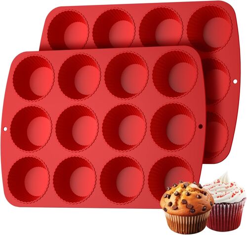 Lot De 2 Moules À Muffins En Silicone Pour 12 Muffins-32 X 23 Cm-Sans Bpa-Revêtement Antiadhésif Pour Pâtisserie,Crème Et Pudding-Rouge