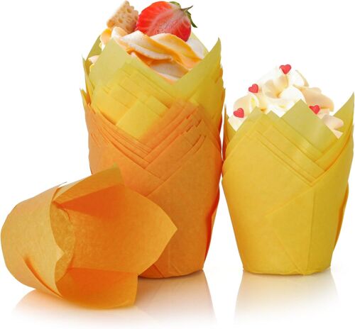 Lot De 100 Moules À Muffins En Papier Moules À Cupcakes Jetables Tasses De Papier De Cuisson De Tulipe Pour Mariage,Fête,Anniversaire(Jaune + Orange)