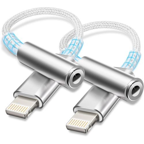 ERSAN-Adaptateur Lightning Jack 3, 5 mm Adaptateur iPhone Jack [Certifié MFi] Adaptateur Jack Lightning Adaptateur Ecouteur iPhone Compatible avec iPhone 14/13/X/8/Pad/i-OS, Blanc Argenté -2Pcs