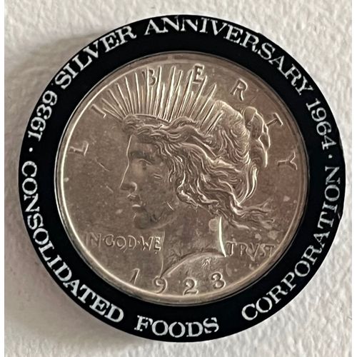 Pièce En Argent ¿ Peace Dollar 1923 ¿ Présentation Commémorative Consolidated Foods 1964 Rare 