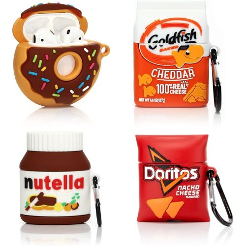 ELVORIX-Lot de 4 coques de protection pour AirPods 2e et 1ère génération, en silicone avec joli design peau de dessin animé pour AirPods 1/2, avec mousqueton (DOR+GOD+Dounts+Nutella)