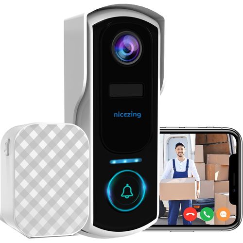 Sonnette Sans Fil Avec Camera, 2K Fhd Sonnette Sans Fil Exterieur Etanche, Détection Humaine Pir, Vision Nocturne Couleur, Message Vocal, Appel Vidéo, Ip67 Étanche, Support Cloud/Sd Et Alexa