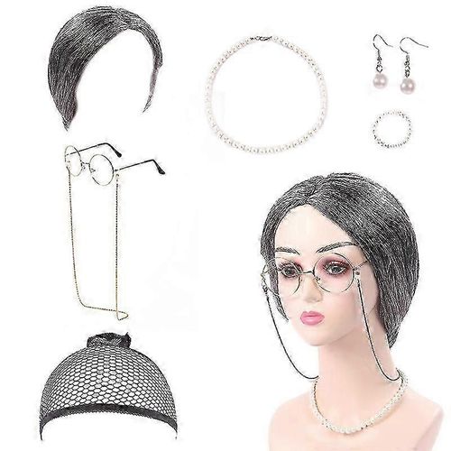 Costume De Vieille Dame, Perruque De Grand-Mère, Spectacle Sur Scène, Adulte, Unisexe, Noir Et Blanc