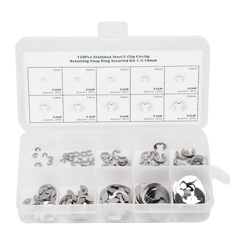 Assortiment de 120 rondelles à clip en acier inoxydable,anneaux de retenue externes,circlips,1,5 mm à 10 mm