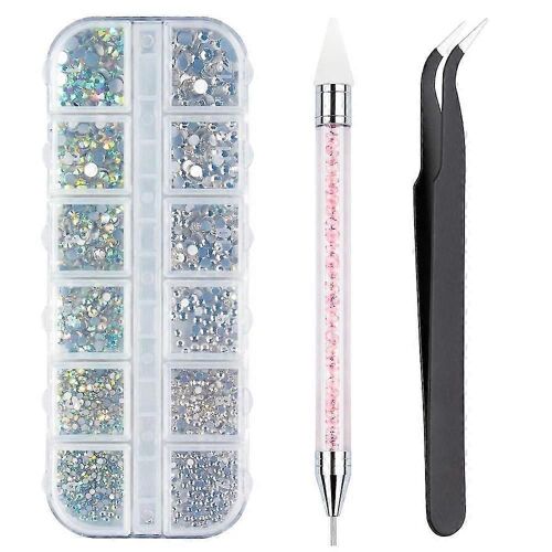 3000 Pcs Strass 6 Tailles Flat Back Gems,Ab + Clair Strass Nail