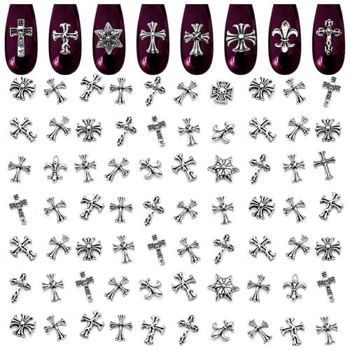 100pcs Argent Croix Ongles Breloques Pour Nail Art - Nail Charms Y2k Nail Cross Charms Pour Ongles Pierres D'argent Ongle Cha