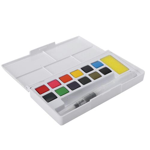 Ensemble De Peinture Aquarelle Professionnelle Pigment D'aquarelle Portable Avec Stylo Éponge (Boîte En Plastique) 12 Couleurs