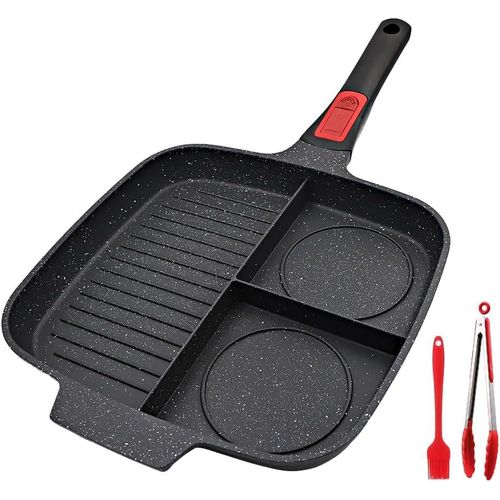 SUBZONAL-Poêle Grill avec Poignée Amovible, Poêle Antiadhésive 3 en 1 en Aluminium Skillet Gril Carrée pour Tous Feux Dont Induction - Noir