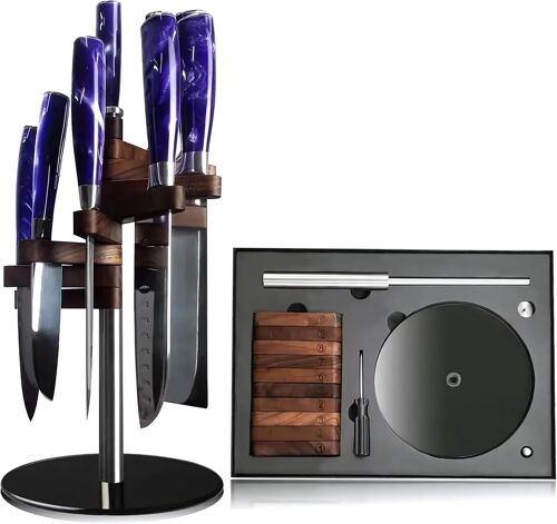 Jexnovashop-Porte-Couteaux De Qualité Supérieure En Bois De Noyer, Acier Inoxydable Et Verre, Non Équipé, Hygiénique Et Peu Encombrant, Rotatif, Porte-Couteaux De Cuisine, Bloc À Couteaux Sans Coutea