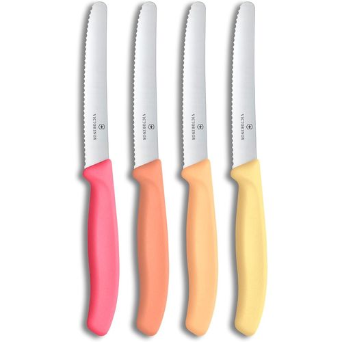 Mevronisshop-Swiss Classic Couteau À Petit Déjeuner, Couteau À Pain, Set De 4 Pièces, Lame Tranchante, Dentelée, 11 Cm, Acier Inoxydable, Rose, Orange Et Jaune
