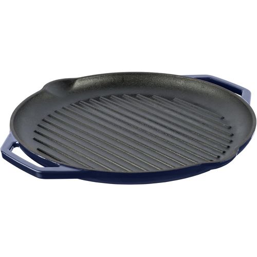 ASFASFq-GRAND FEU Poêle à griller en fonte avec poignées profilées - Poêle à steak ronde Convient à tous les types de cuisinières, cuisinières à gaz, fours, gril à gaz - Ø34cm, Bleu