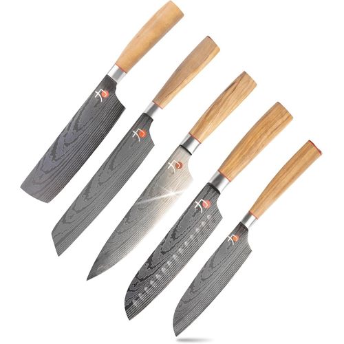 Subzonal-Masterpro Tetsu | Couteaux De Cuisine | Ensemble Complet De 5 Couteaux Japonais | Parfait Pour Couper Tous Les Types D'aliments | Cuisine Professionnelle | Manche En Bois D'olivier