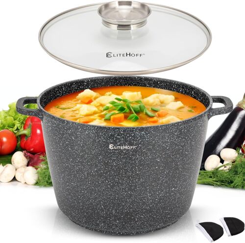 Jexnovashop-Casserole De Cuisson Antiadhésive Avec Couvercle, Pot À Soupe En Aluminium, Grand Pot À Induction En Marbre, Pot À Induction Pour Tous Types De Cuisinières (Noir, 10l Ø 28cm)
