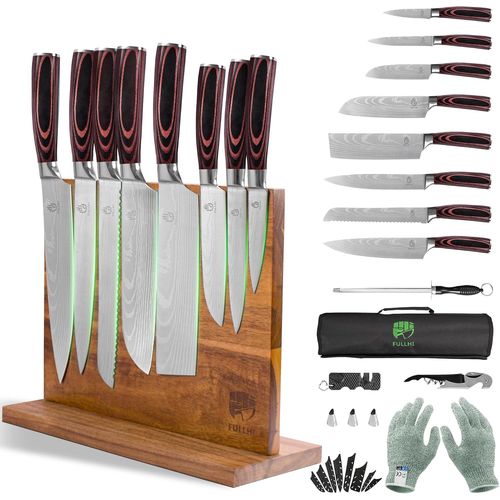 Asfasfq-Set De 15 Couteaux Japonais Avec Support Magnétique Pour Bloc De Couteaux, Set De Couteaux De Cuisine En Acier Inoxydable De Qualité Supérieure Avec Sac À Couteaux
