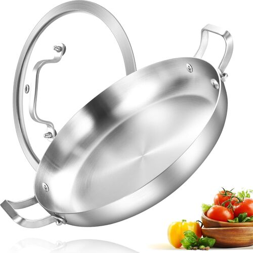 Jexnovashop-Poêle À Paella En Acier Inoxydable Triple Épaisseur De 33 Cm Avec Couvercle, Grille, Grande Poêle, Poêle À Induction, Passe Au Lave-Vaisselle Et Au Four