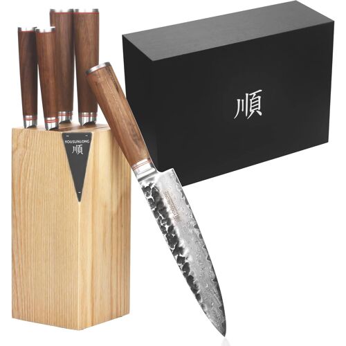 Jexnovashop-Ensemble De Couteaux De Cuisine 5 Pièces Avec Support En Bois De Fraxinus Américain-Japonais Vg10 Damas-Manche En Bois De Noyer Naturel Avec Boîte-Cadeau