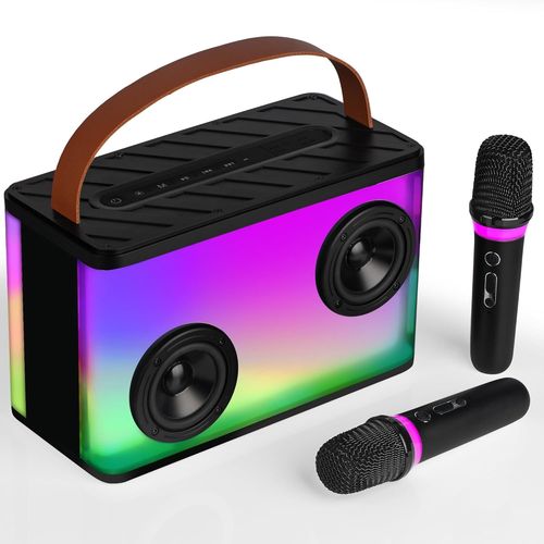 ASFASFq-BONAOK Système de karaoké avec 2 Microphones, Microphone Bluetooth avec Haut-Parleur, Machine de karaoké Portable avec lumières, Lecteur de karaoké TWS/TF/AUX/USB (K20)