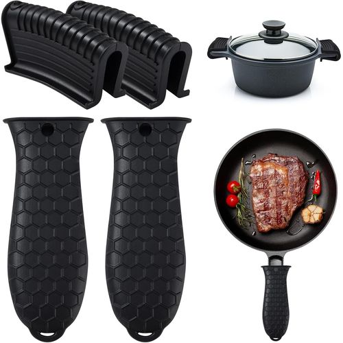 Support De Poignée Chaude en Silicone Et Support De Poignée D'assistance Manchon De Poignée De Poêle en Fonte Poignée De Manchon De Pot pour Woks en Fonte Four Poêles 4 Pièces Noir
