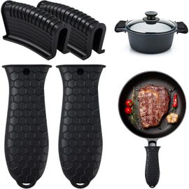 Support De Poignée Chaude en Silicone Et Support De Poignée D'assistance Manchon De Poignée De Poêle en Fonte Poignée De Manchon De Pot pour Woks en Fonte Four Poêles 4 Pièces Noir