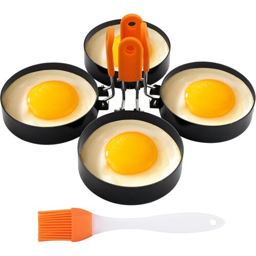 Jexnovashop-4 Pièces 9 Cm Moule A Oeufs Au Plat En Acier Inoxydable, Moule Oeuf Au Plat Avec Poignée Silicone Anti-Brûlure, Antiadhésifs En Moule Pancake, Egg Ring Pour Oeufs, Crêpes, Desserts, Muffi