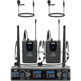 ASFASFq-SGPRO Microphones sans fil avec deux émetteurs de poche, deux casques et deux micros cravate à revers 90 canaux UHF, portée de 80 m pour chanter en direct, karaoké, église, fête, DJ PA