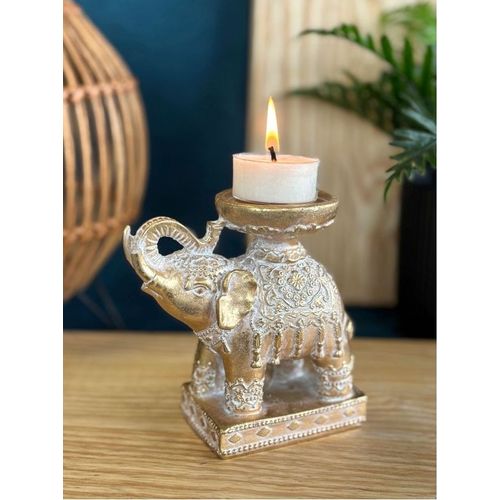 Porte-bougie Eléphant Trompe en l'air 11,3 cm - Résine - Doré