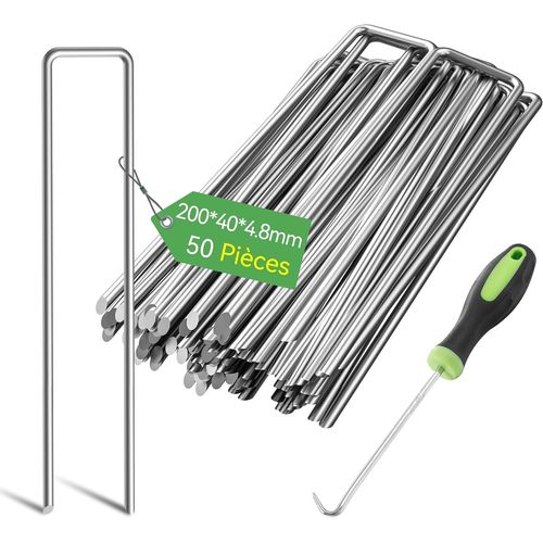 Asfasfq-Graxury 50 Pièces 20cm (Ø 4.8mm) Piquets De Jardin Robustes - Agrafes Épaissies En Acier Galvanisé Pour Fixer Les Toiles Anti-Mauvaises Herbes, Les Filets Et Les Tubes Avec 1 Crochet De Ramas