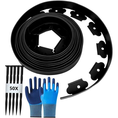 ASFASFq-Bordure de Jardin Flexible Exterieur 10M, Bordure Jardin Hauteur 5cm avec 50 Clous et 1 Paire de Gants, Bordure Jardin Plastique, Bordure de Pelouse Flexible, Noir