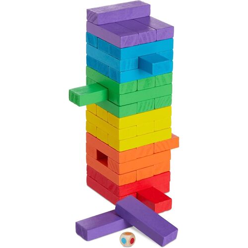 Relaxdays Jeu En Bois, 48 Blocs À Empiler, Dé, Pour Enfants Dès 3 Ans, Habileté, Tour Infernale, Multicolore