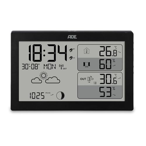 Station météo numérique radio avec capteur extérieur et prévisions météo | thermomètre et hygromètre | pression atmosphérique | horloge radio-pilotée avec 2 heures de réveil | calendrier | noir