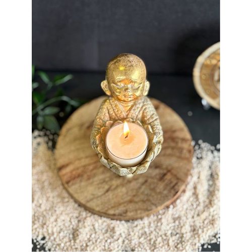 Porte-bougie Moine en Lotus 12,5 cm - Résine - Doré